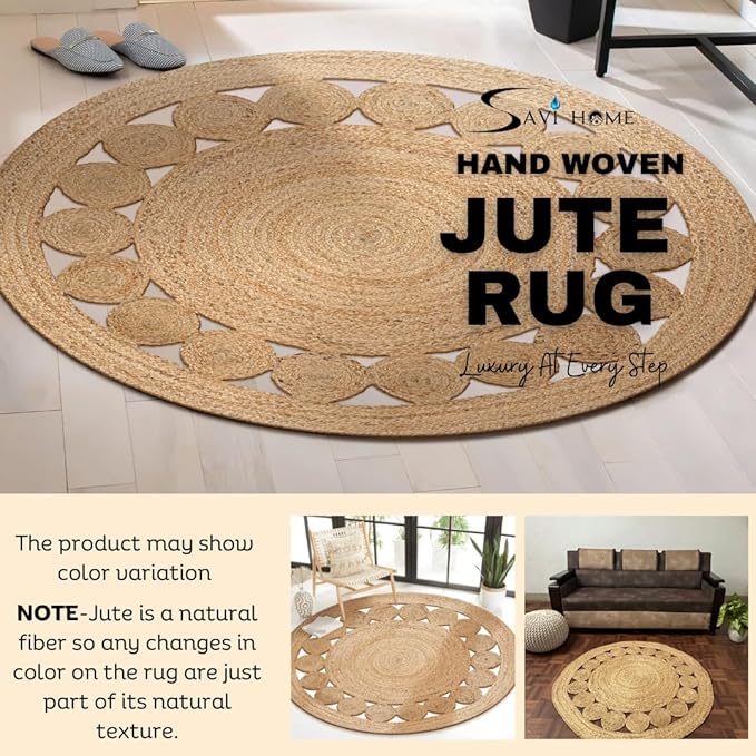 Savi Home Hand Woven Jute Braided Dot Rug, 6' Round - Natural, Reversible Area Rugs for Living Room, Farmhouse, Kitchen, Handcrafted 6 Feet Round Area Rugs - Natural