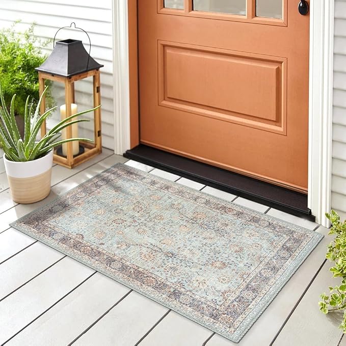 GLN Rugs Traditional Collection - Machine Washable Area Rug, Traditional Washable, Non Slip, Low Pile Chenille Rug, Living Room, Bedroom, Kitchen Rug (2' x 3' Light Blue)