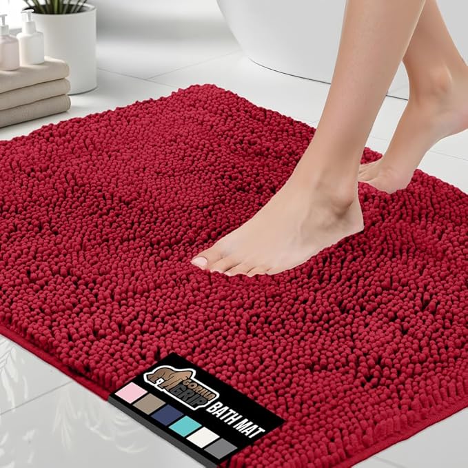 GORILLA GRIP Bath Rug Mat, Thick Soft Absorbent Chenille, Quick Dry Microfiber Mats, Rubber Backing Washable Shower Floor Rugs, US Designed Bathroom Bathmat Home Decor Accessories, 24x17, Red