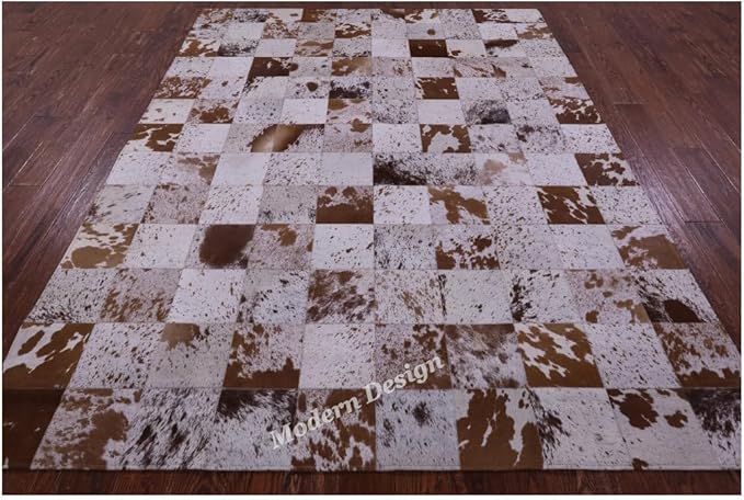 Modern Design Premium Cowhide Leather Carpet with Chevron Pattern, Area Rug (White/Brown, 5x8)