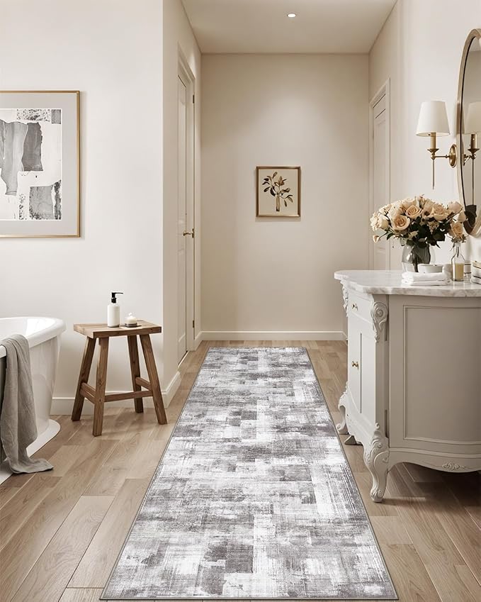 LUMI Washable Runner Rug, 3'x7' Non-Slip Hallway Mat, Low Profile Thin Long Carpeet for Laundry Kitchen Bedroom Office, Grey