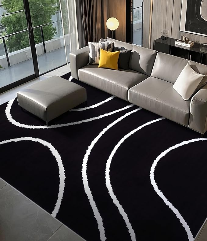 YIHOUSE Black Modern Area Rug 6x9,Abstract Rugs for Bedroom,Black and White Geometric Rug,Minimalist Wave Rug,Dark Washable Area Rugs 6x9 Non Slip Rugs for Living Room，Office