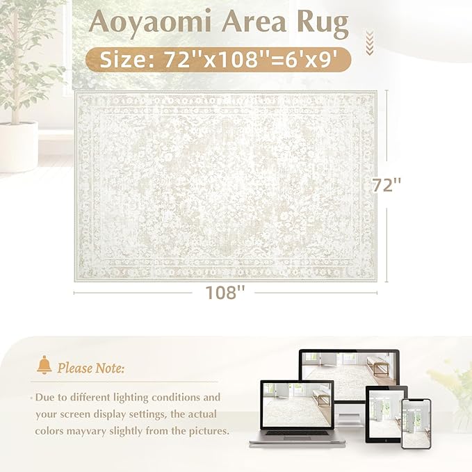 Vintage Living Room Area Rug - 6x9 Large Machine Washable Boho Area Rug Distressed Floral Rugs for Bedroom, Soft Non-Slip Indoor Floor Accent Rugs for Office Dining Room (Cream Beige, 6'x9')