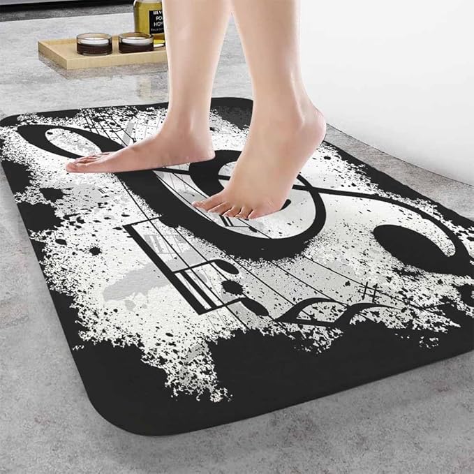 Music Notes Bath Mats for Bathroom Vintage Design Grunge Art Black Ground Silhouette Ink Splatter Floor Bath Rugs Machine Washable Bathmat Carpet Rug Room Decor for Shower Floor 16 X 24 inch Mat