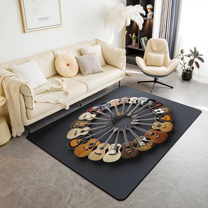 Round Guitar Large Area Rug 5x7 Musical Instruments Living Room Rug | Music Notes Modern Rock Rugs for Bedroom, Grunge Hip Hop Carpet Indoor Floor Mat