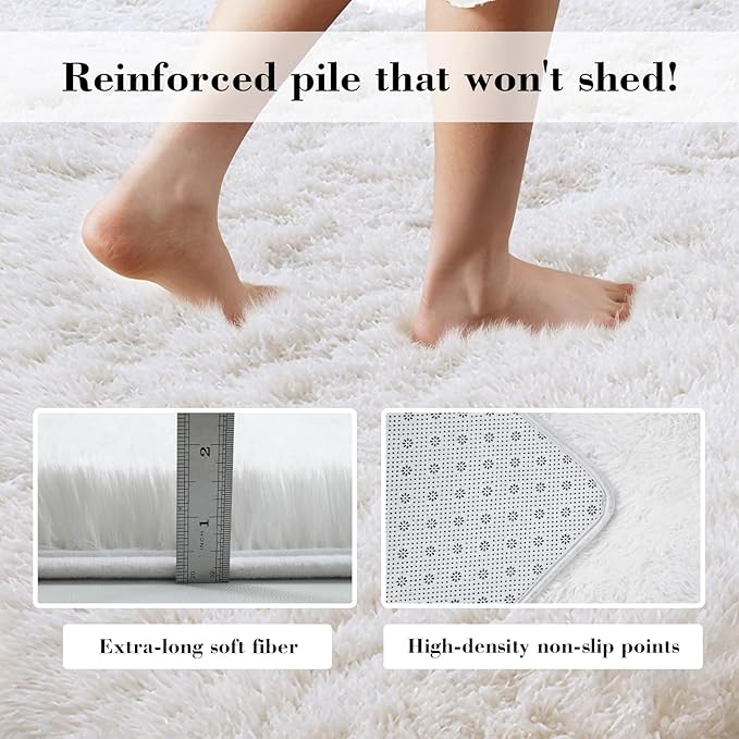 Fluffy Rug Shaggy Area Rug, White 4x6 Area Rugs for Bedroom, Small Bedside Rug, Soft Fluffy Shaggy Entryway Throw Rugs for Living Room Bedroom Kids Room Home Decor
