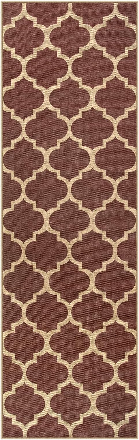 Lahome Moroccan Easy Jute Runner Rug, Red Washable Runner Rugs for Outdoor Porch Hallway, Geometric Trellis Woven Long Carpet for Doorway, Thin Non Slip Outdoor Decor, 2'6'' x 8'