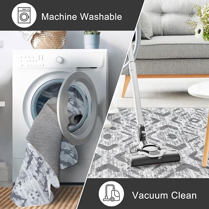 KILOCOCO Hallway Runner Rug 2'x8' Runners for Hallways Washable Runner Rug Non Slip Laundry Room Rugs Low-Pile Runners for Bedroom Kitchen Living Room Boho Rugs, Grey White