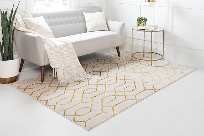 Unique Loom Marilyn Monroe Glam Collection Area Rug - Trellis (7' 1" x 10' Rectangle, White Gold/ Gold)