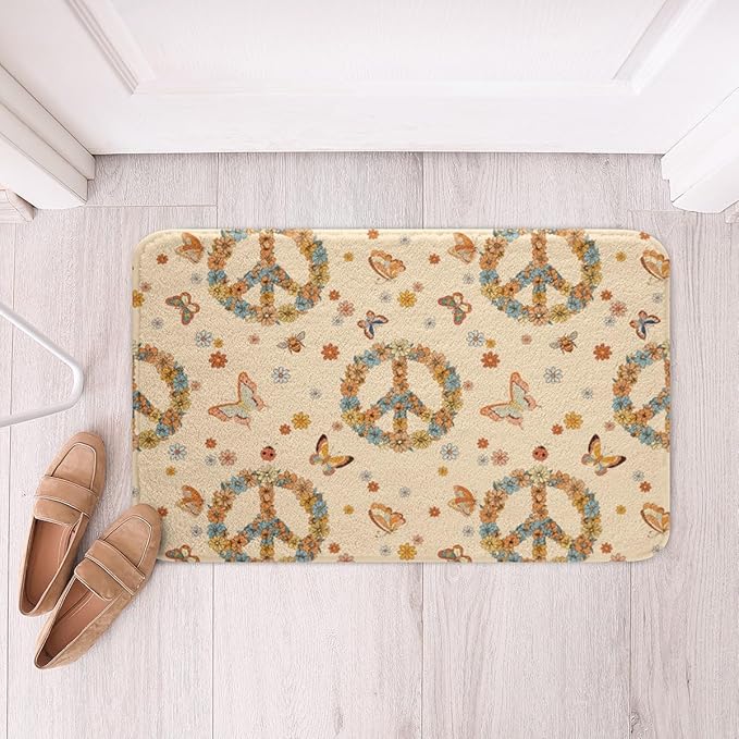 Erosebridal Groovy 70s Theme Bathroom Rugs Retro Peace Sign Mats Boho Butterfly Ultra Soft Bathtub Rugs 20x32 Hippie Honey Bee Room Decor Vintage Flower Floral Bath Mat for Kids