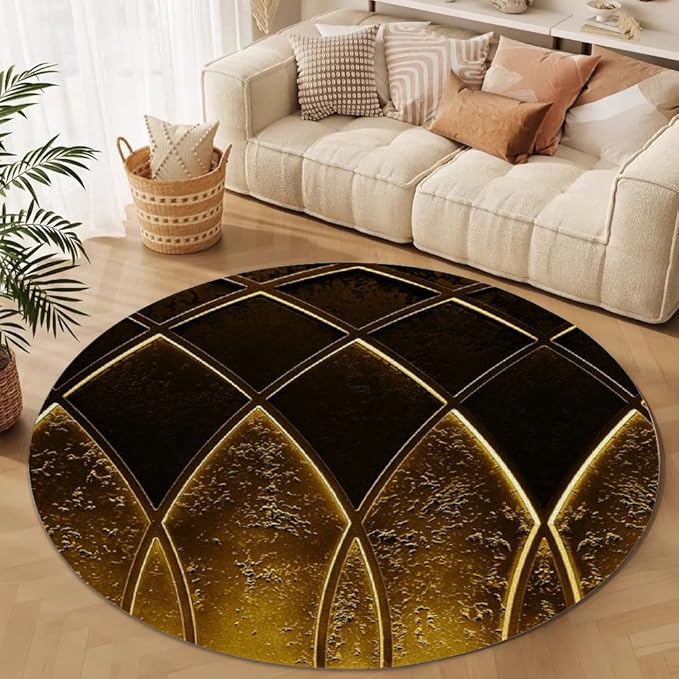 Luxury Black Gold Round Rug Vintage Golden Texture Living Room Circle Area Rugs 8ft Washable Soft Non Slip Low Pile Indoor Floor Carpet for Bedroom Office Kitchen Coffee Table