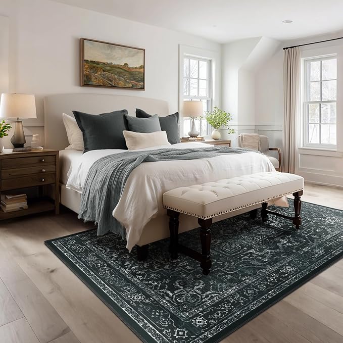 Vintage Dark Area Rugs 5x8, Non Slip Washable Rug for Living Room Bedroom, Medallion Distressed Printed Low Pile Thin Carpet Rugs for Dining Room/Kitchen/Home Office, Black and White
