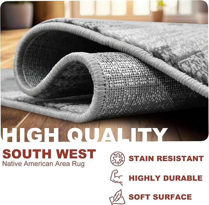 YHSF South West Native American Rug Ritz – Native Tribal American Indian Inspired Rug - Living Room, Bedroom, Hallway, Entryway & High-Traffic Area Rugs - Washable - Soft - Steel, 8 Feet x 10 Feet