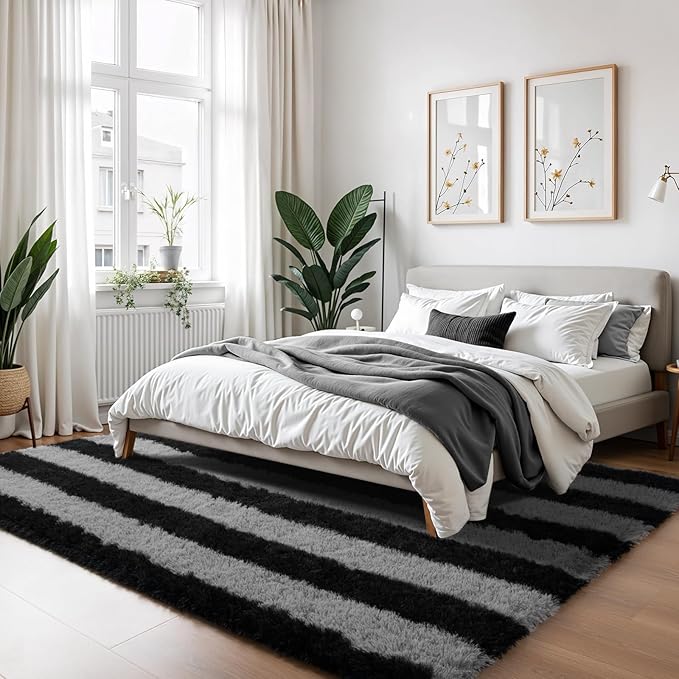 Zentavio Area Rugs for Living Room Large Rugs for Bedroom 5x8 Carpet Fluffy Fuzzy Soft Shag Aesthetic Plush High Pile Gray Throw Rug for Nursery Kids Room Dorm Horizontal Stripes Black Grey