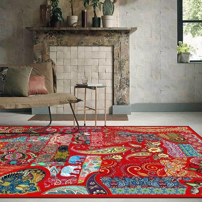 Vintage Boho Area Rugs Multicolor Ethnic Style Geometric Splicing Carpets Bedroom Living Room Kitchen Floor Mats Indoor Outdoor Non-Shedding Runner Rug Home Décor Carpet 4' X 4'