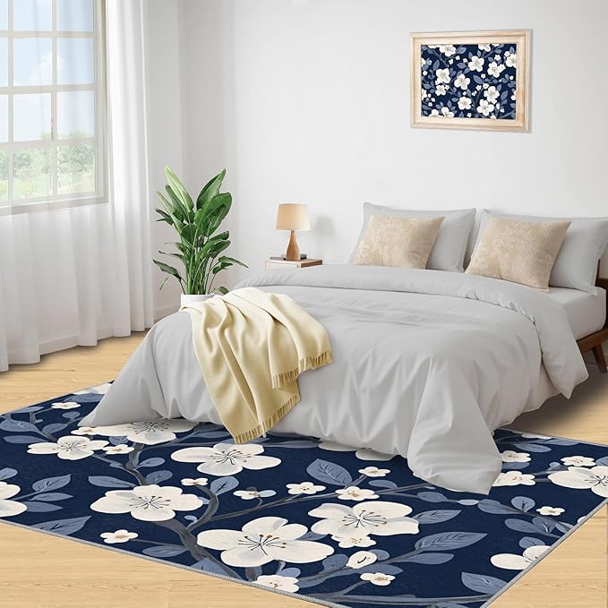 Boho Rugs for Bedroom - 3x5 Area Rug - Blue White Flowers Rugs for Living Room, Vintage Modern Flowers Rug, Washable Home Decor Carpet
