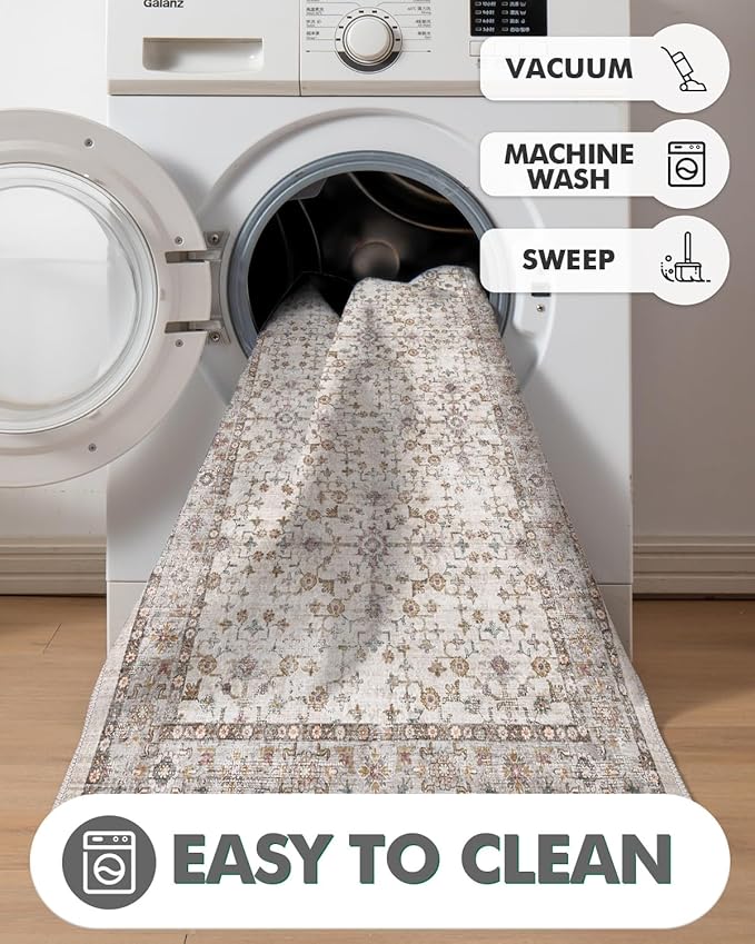 LUMI Runner Rug 3x7, Washable Non-Slip Hallway Throw Rugs, Long Soft Thin Vintage Oriental Kitchen Mats, Low-Pile Indoor Kitchen Entryway Area Rug, Beige