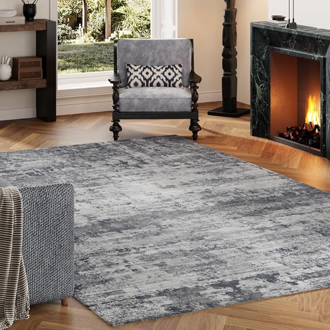 Area Rug 4x6 Washable Rug Black for Living Room, Dining Room, Bedroom, Large Carpets, Non Slip & Non-Shedding Low Pile Vintage Print Rug for Home Office Decor