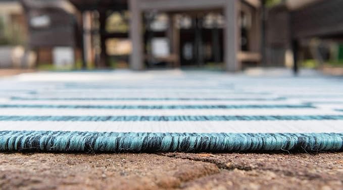 Unique Loom Outdoor Collection Classic Stripes, Transitional Indoor & Outdoor Area Rug, Rectangular 8' 0 x 11' 0 Teal/ Ivory