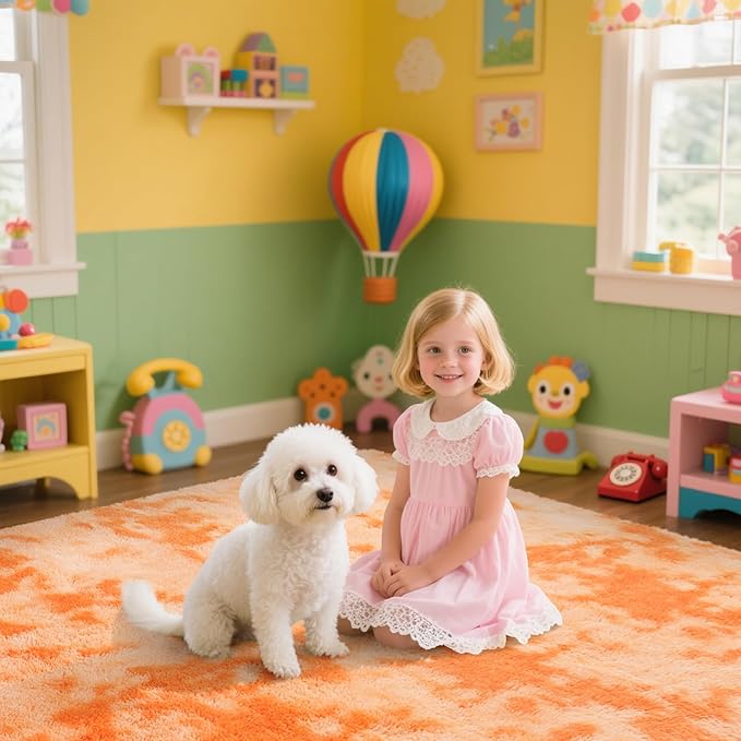 Mottling Orange Fluffy Rug Shaggy Area Rug, 6x9 Area Rugs for Girls Bedroom, Big Soft Shaggy Bedside Non-Slip Plush Dorm Nursery Kids Carpet Home Decor Aesthetic