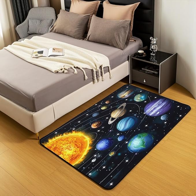 Planet 3 x 5 Area Rug Solar System Outer Space Rugs for Living Room | Universe Galaxy Washable Rug, Cosmic Earth Star Carpet Indoor Floor Mat