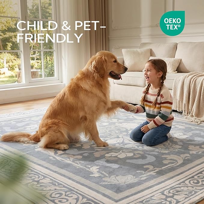 SOULFUL Medium Pile 8x10 Rugs for Living Room - Soft Foot Feel Large Area Rug - Greige Boho Floral - Washable Non-Slip - Perfect for Bedroom Kids Room Under Dining Table Office