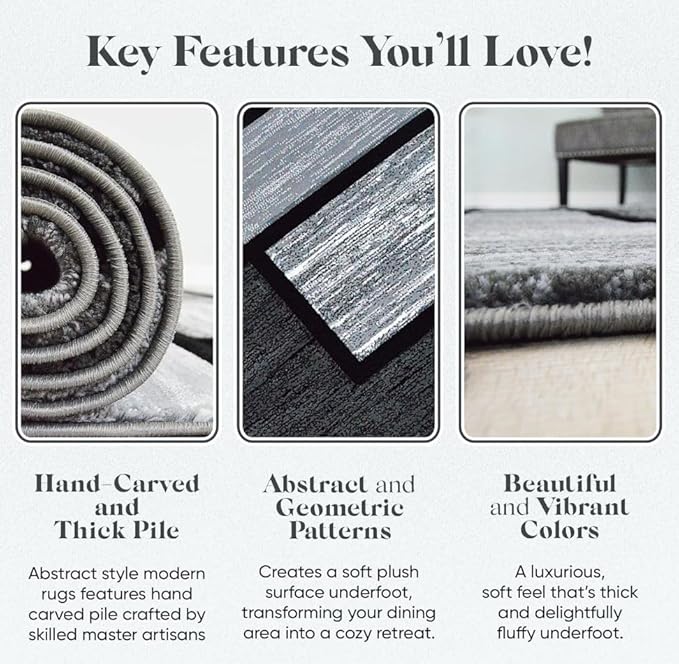 Area Rug Modern 5x7 Grey Black Geometry Squares Soft Hand Carved Contemporary Floor Carpet Fluffy Texture for Indoor Living Dining Room and Bedroom Area