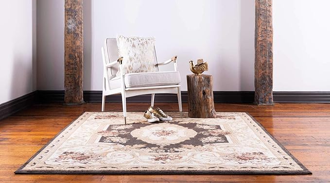 Unique Loom Versailles Collection Traditional Classic Floral Motif Area Rug (8' 0 x 8' 0 Square, Brown/ Ivory)