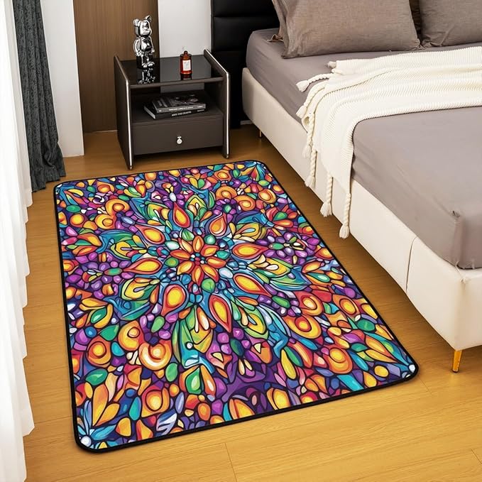 Vintage Mandala Large Area Rug 5x7 Bohemian Style Watercolor Flowers Living Room Rug | Boho Floral Rugs for Bedroom, Victorian Decor Antique Damask Carpet Indoor Floor Mat