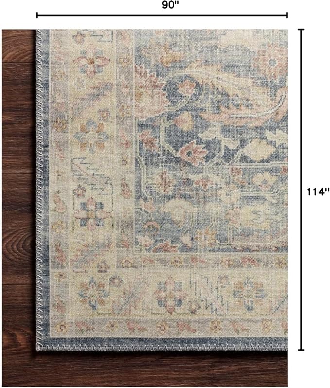 Loloi Hathaway Collection HTH-02 Denim/Multi 7'-6" x 9'-6", .25" Thick Area Rug, Soft, Durable, Printed, Modern, Low Pile, Non-Shedding, Easy Clean, Living Room Rug