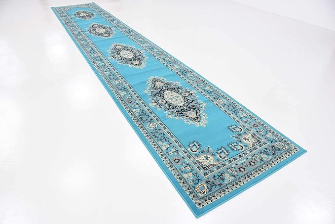 Unique Loom Reza Collection Traditional Persian Style Area Rug, 3 ft x 16 ft 5 in, Turquoise/Ivory