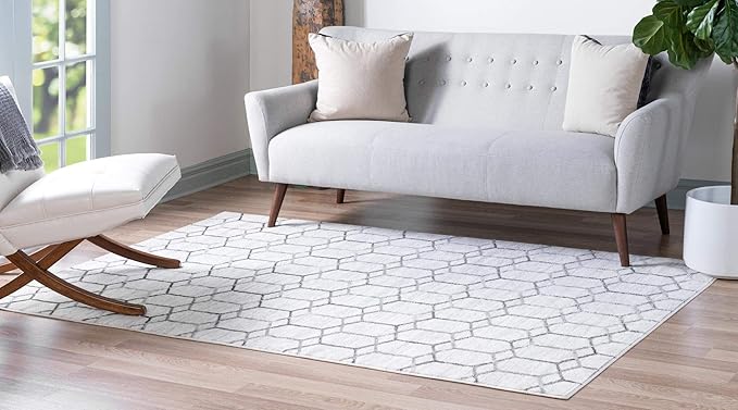 Rugs.com Lattice Trellis Collection Rug – 9' x 12' White Low-Pile Rug Perfect for Living Rooms, Large Dining Rooms, Open Floorplans