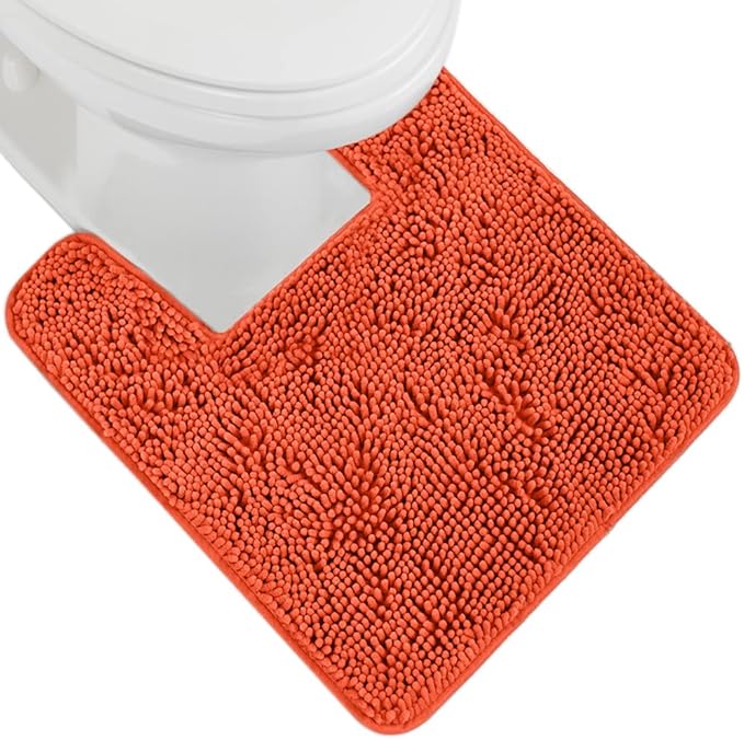 GORILLA GRIP Plush Absorbent Shaggy Chenille Bath Rug Mat for Square Toilet Base with Rubber Backing, Machine Washable Rugs, Soft Microfiber Contour Mats for Toilets, Bathroom Decor, Coral