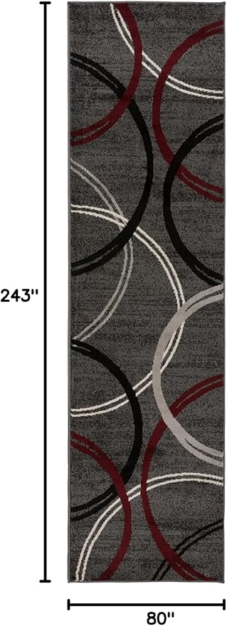 Rugshop Modern Wavy Circles Design Non-Shedding Runner Rug, Carpet for Hallway or Kitchen, Red, 2'7" x 8'