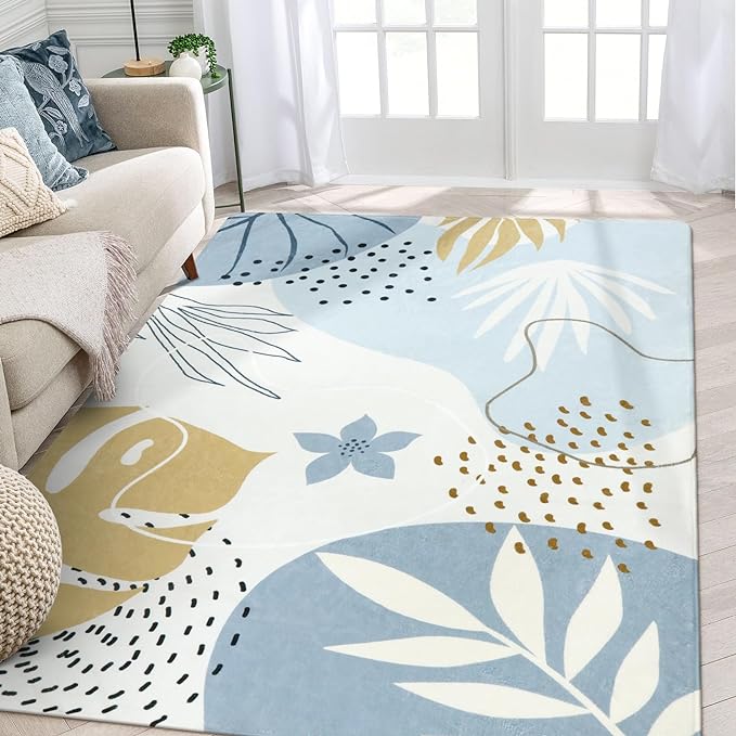 Lahome Boho Blue Area Rug for Living Room - 5x7 Rug Machine Washable Non-Slip Soft Bedroom Rugs Ultra-Thin Large Rug for Dining Room, Botanical Print Indoor Modern Rug for Classroom Nursery Office