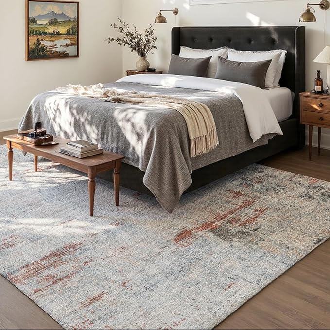 Area Rug 6x9 Washable Rug Grey and Brown for Living Room, Dining Room, Bedroom, Large Carpets, Non Slip & Non-Shedding Low Pile Vintage Print Rug for Home Office Decor