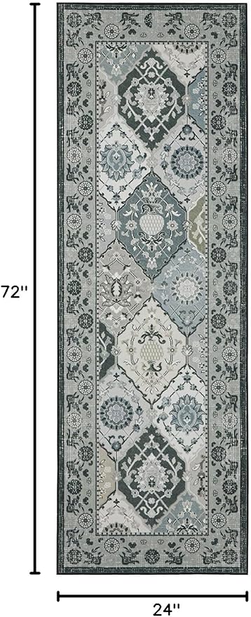 Phantoscope Washable Runner Rug 2'x6' Non-Slip, Vintage Boho Hallway Rugs for Entryway, Stair, Bedroom, Distressed Moroccan Mosaic Diamond Pattern, Low-Pile Foldable Floor Carpet, Grey Charcoal