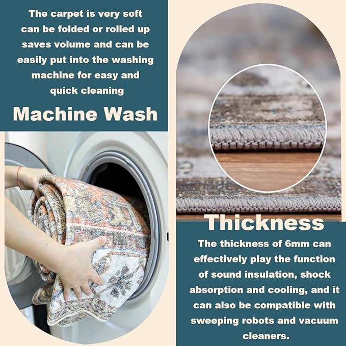 Washable 9'x12' Area Rug Vintage Traditional Distressed Indoor Foldable Thin Retro Accent Floral Non Slip Carpet Living Room Dining Room Office