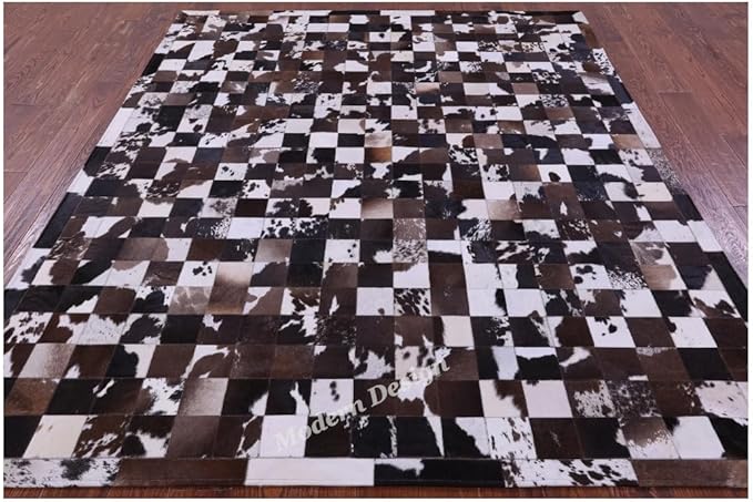 Modern Design Premium Cowhide Leather Carpet with Chevron Pattern, Area Rug (Brown/White-1, 9x12)