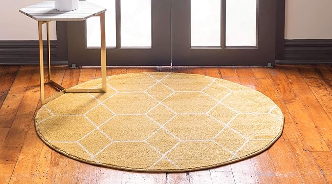 Unique Loom Trellis Frieze Collection Area Rug - Geometric (4' 1" Round Yellow/Ivory)