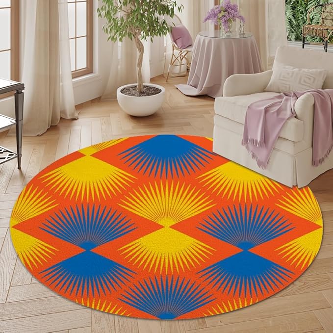 Vintage Blue Orange Round Rug Retro Pattern Print Area Rug Washable 3ft Circle Rugs for Living Room Bedroom Non Slip, Soft Indoor Floor Carpet for Kitchen Entryway Family Room