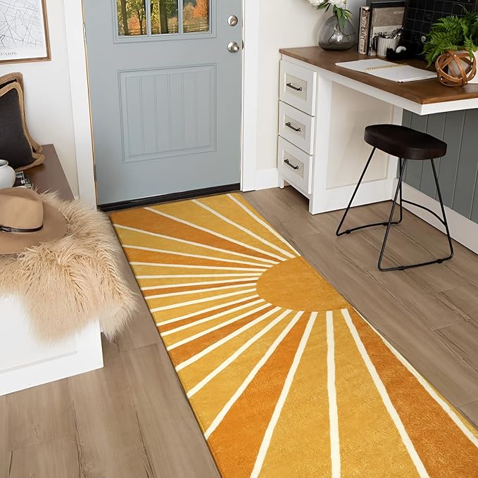 Lahome Boho Sun Runners Rug: 2'x8' Non-Slip & Washable Low-Pile Rug with Rainbow Sun Abstract Print for Hallway, Kitchen, Entryway, Laundry, Bathroom, Living Room