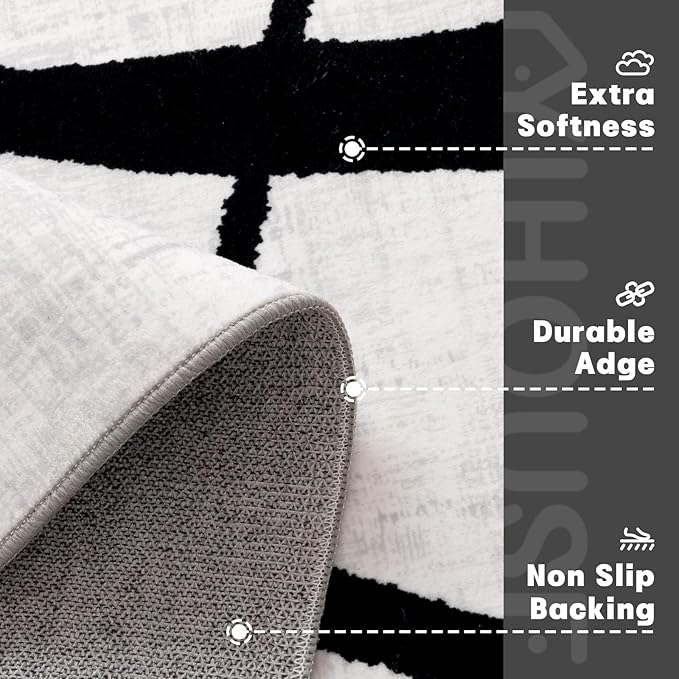YIHOUSE 5x7 Washable Living Room Rug - Modern Abstract Black and White Area Rug Non-Slip for Bedroom Home Office (Curve, 5'x7'ft)