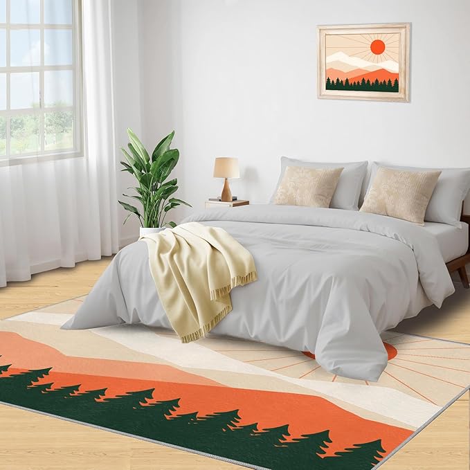 Boho Sun Area Rugs 8x10ft, Minimalist Mountain Area Rug for Living Room, Abstraction Deco Modern Rug with Double Sided Carpet Tape for Bedroom Men Room Decor