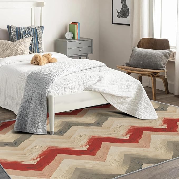 Chevron Pattern Rug, Farmhouse Stripes, 7x10, Washable Non Slip Soft Indoor Carpet