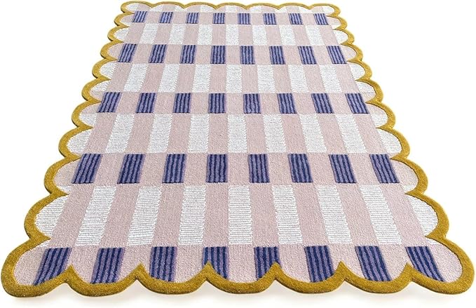 Hand-Tufted Wool Rug with Scalloped Edges, Light Blue Plaid Pattern, Cozy Soft Area Rug for Living Room, Bedroom, and Nursery, Handmade Modern Accent Rug (Pink, 5X8 FEET)