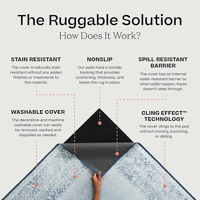 RUGGABLE Washable Vintage Area Rug – Kamran Blue Quartz 3x5, Stain-Resistant, Non-Slip – Small Machine Washable Rugs for Living Room, Bedroom, Hallway, Entryway & Office–with Standard Pad