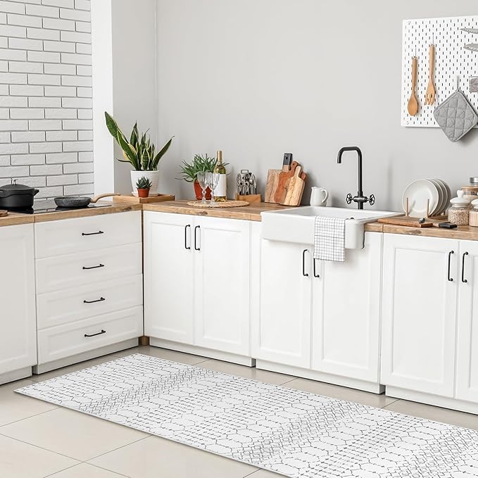 Lahome Moroccan Small Runner Rug - 2x5 Rug Runner Non-Slip Washable Laundry Room Rugs Throw Lightweight Hallway Carpet Indoor, Geometric Print Mat for Bedroom Kitchen (White, 2'x5')