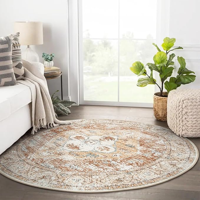 Lahome Boho Circle Rug - 6Ft Washable Round Area Rugs for Living Room Non-Slip Throw Dining Room Rug Large Round Carpet, Oriental Distressed Print Circular Mat for Office Classroom Bedroom Sofa