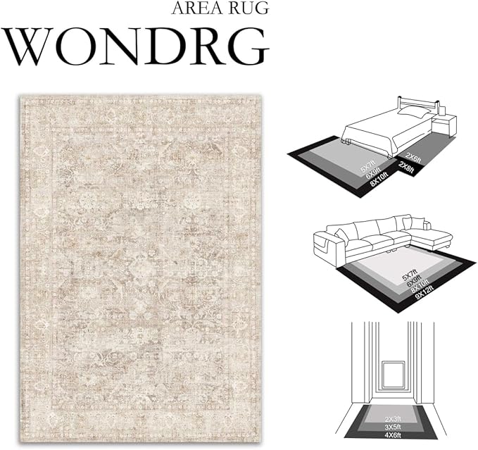 9x12 Beige Area Rug for Living Room Bedroom Neutral Soft Non Slip Rug Low Pile Vintage Distressed Large Carpet for Dining Room Nursery Office Indoor